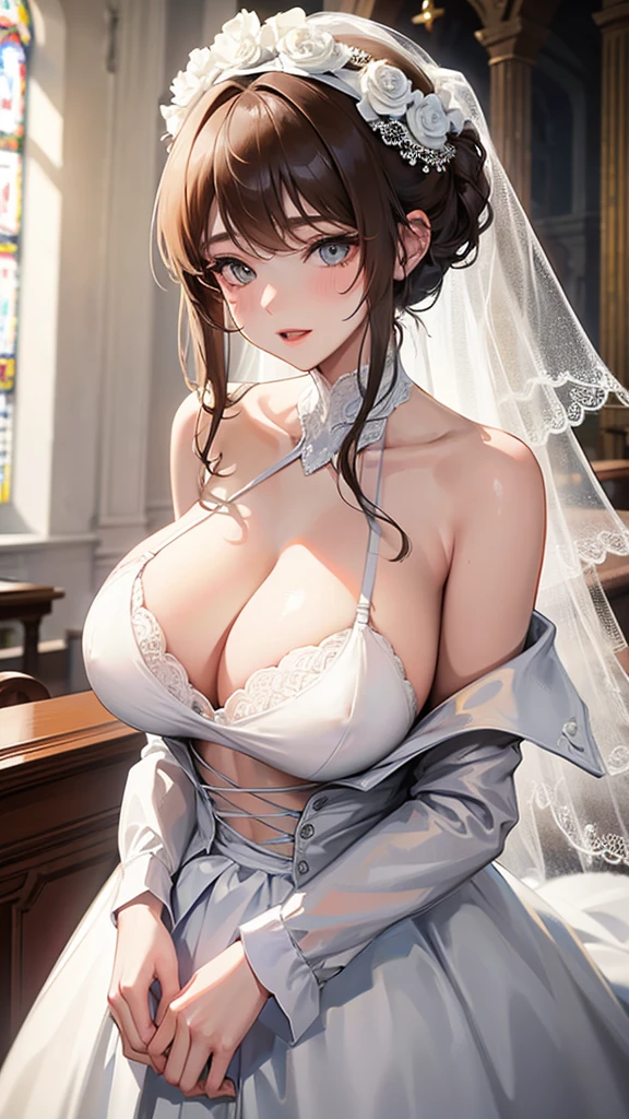 Girl with huge breasts wearing a micro bra in a wedding dress with a lace neckline in the church park