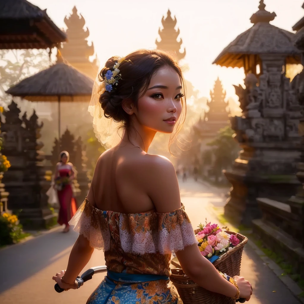 il y a une femme qui fait du vélo avec un panier de fleurs, traditional beauty, bali, beautiful woman, radiant morning light, Belle fille, beautiful woman, Pretty Woman, gorgeous woman, lovely woman, par Rudy Siswanto, Beautiful aesthetics, lueur du matin, superbe photoshot, soirée d&#39;summer, 8k)), with a beautiful exotic, Tourné à l&#39;Time of&#39;Gold, beautiful model