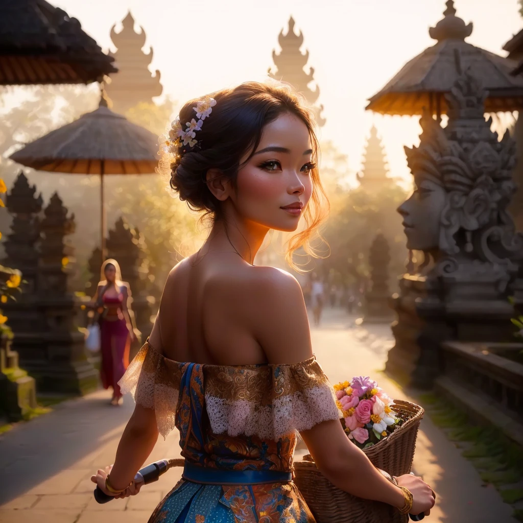 il y a une femme qui fait du vélo avec un panier de fleurs, traditional beauty, bali, beautiful woman, radiant morning light, Belle fille, beautiful woman, Pretty Woman, gorgeous woman, lovely woman, par Rudy Siswanto, Beautiful aesthetics, lueur du matin, superbe photoshot, soirée d'summer, 8k)), with a beautiful exotic, Tourné à l'Time of'Gold, beautiful model