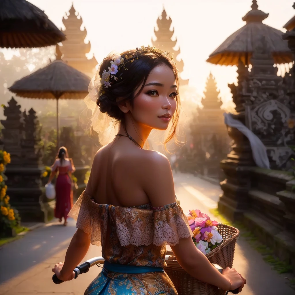 il y a une femme qui fait du vélo avec un panier de fleurs, traditional beauty, bali, beautiful woman, radiant morning light, Belle fille, beautiful woman, Pretty Woman, gorgeous woman, lovely woman, par Rudy Siswanto, Beautiful aesthetics, lueur du matin, superbe photoshot, soirée d'summer, 8k)), with a beautiful exotic, Tourné à l'Time of'Gold, beautiful model