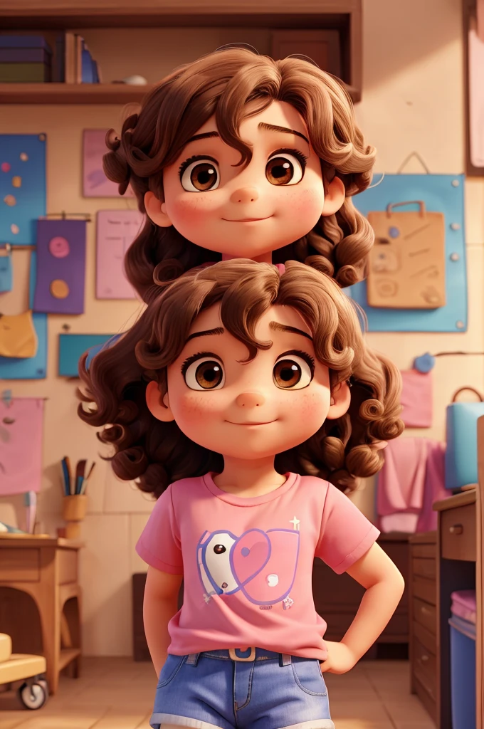 work of art, best qualityer, a 10 year old who is a little chubbier, on the American, long hair with beautiful curls and brown eyes, wearing pink t-shirt and shorts, sem plano de fundo