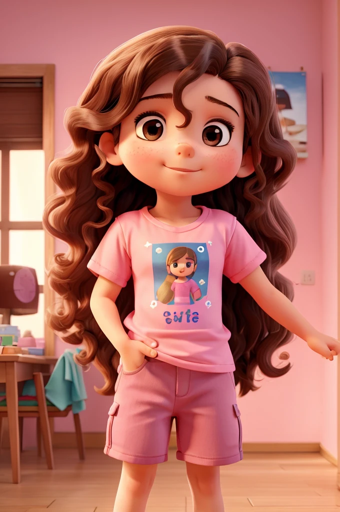 work of art, best qualityer, a 10 year old  who is a little chubbier, on the American, long hair with beautiful curls and brown eyes, wearing pink t-shirt and shorts, sem plano de fundo