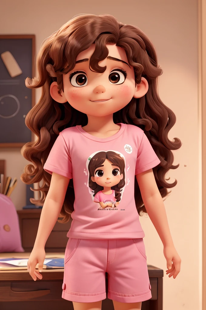 work of art, best qualityer, a who is a little chubbier, on the American, long hair with beautiful curls and brown eyes, wearing pink t-shirt and shorts, sem plano de fundo