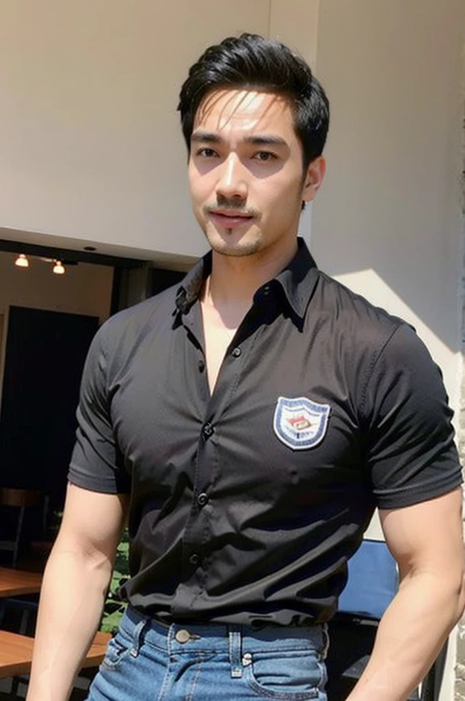 ((realistic daylight)) , Young Korean man in black sports shirt only, no pattern, denim shirt, jeans., A handsome, muscular young Asian man looks at the camera.  , in the restaurant ,turn sideways