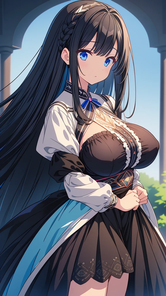 best quality, extremely detailed,anime style girl,long hair down to the waist, straight hair, ((dark black hair with bluish)),braid,beautiful detailed eyes, pinched eyes, (dark blue eyes),huge breasts,curvy,fantasy white casual clothing,Clothing with complex patterns,hair ornament,fantasy street,cool expression,dynamic angle