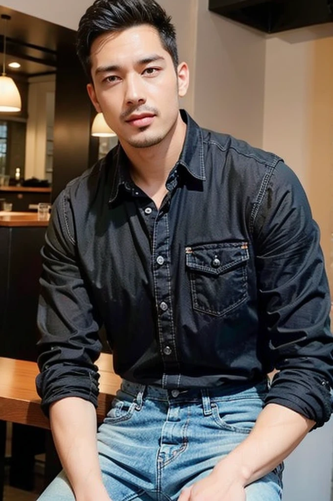 ((realistic daylight)) , Young Korean man in black sports shirt only, no pattern, denim shirt, jeans., A handsome, muscular young Asian man looks at the camera.  , in the restaurant ,turn sideways