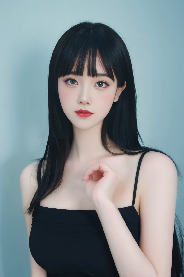 ulzzang-6500-v1.1,(raw photo:1.2),((photorealistic:1.30)), ((best quality)) ,((masterpiece)),((Ultra High Resolution)), ((Clear View)),,Ultra-high resolution,Clear face,（Reality：1.4) ,  illustration, an extremely delicate and beautiful, extremely detailed ,CG ,unity ,8k wallpaper, Amazing, finely detail, masterpiece,best quality,official art,extremely detailed CG unity 8k wallpaper,absurdres, incredibly absurdres, huge filesize, ultra-detailed, highres, extremely detailed,beautiful detailed girl, extremely detailed eyes and face, beautiful detailed eyes,light on face,cinematic lighting,1girl, 独奏, long hair, black hair, bangs, jewelry, Earring, (upper body),((looking at viewer:1.7)),indoors, room, Dress, (black dress), standing, blue eyes, Double eyelids, Blush, flushed cheeks,