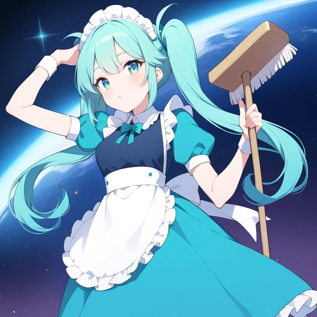 Clear for content,maid woman,high quality,teal hair,teal eyes,teal maid dress,holding mop,wonder face,adult,long twintails hair,space ship background