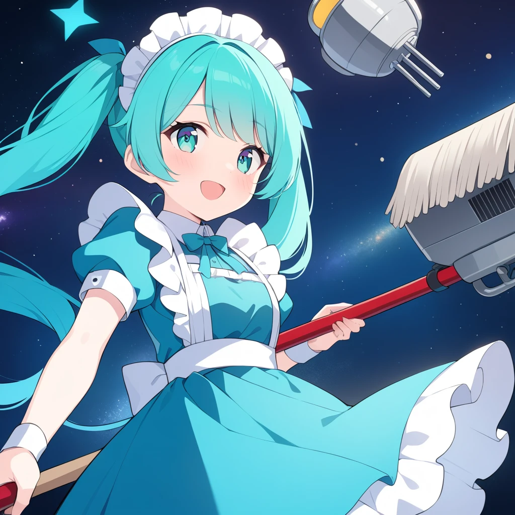 Clear for content,maid woman,high quality,teal hair,teal eyes,teal maid dress,holding mop,wonder face,adult,long twintails hair,space ship background