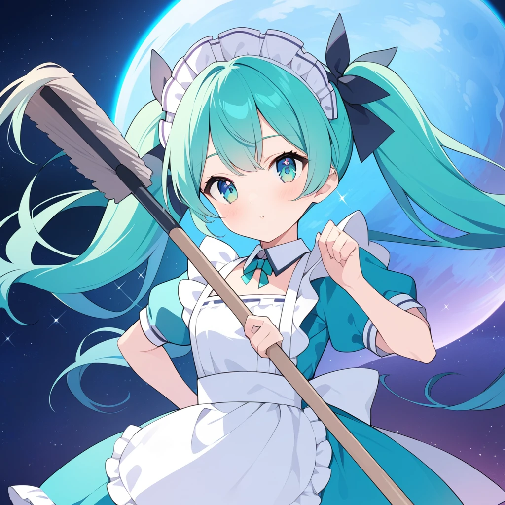 Clear for content,maid woman,high quality,teal hair,teal eyes,teal maid dress,holding mop,wonder face,adult,long twintails hair,space ship background