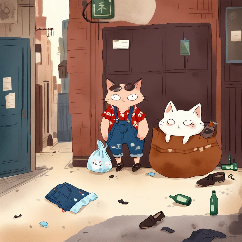 Depicts a very pitiful anthropomorphic kitten,Wearing a tattered red linen shirt and denim overalls, Worn-out cloth shoes, Carrying an oversized bag, Three View