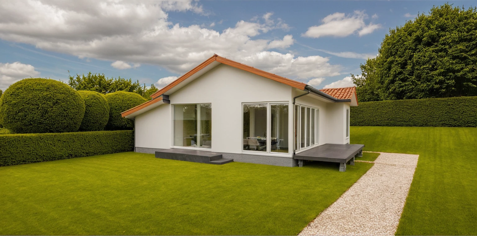 artwork, High quality, Best quality, authentique, Great detail, En plein air, villa de plain-piedXL, credit group, style de maison moderne dans la rue ,escaliers, mur blanc ,route,pavement, herbe, des arbres, ciel, nuage, (day light:1.1)