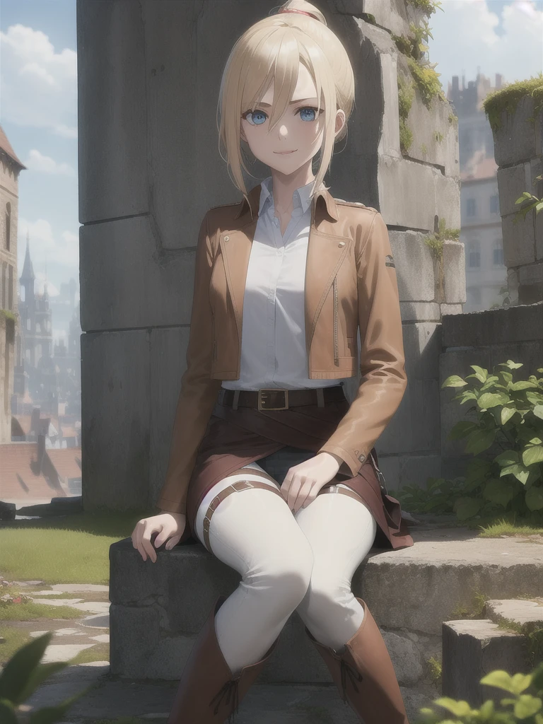 masterpiece, Highest quality, High resolution, Castle ruins, Day, sunny, Serious expression, One girl, alone, View your viewers, smile, Sit on the ground, history, Krista Lentz, Blonde, blue eyes, Hair between the eyes, short hair, ponytail, Official Art, Jacket, brown Jacket, Symbolism, belt, Thigh straps, pants, white pants, boots, shirt, white shirt, collared shirt