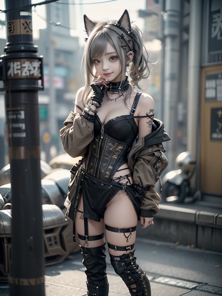 (Side view:1.1)、(Smiling with teeth showing:1.3),(Shibuya Gal:1.5)、(Beautiful:1.5)、(Neo-goth fashion:1.5)、(Punk RockVisual Kei:1.5)、(An off-the-shoulder hoodie in khaki and brown with delicate silver accessories.:1.5)、(A corset with a delicate beige and brown design:1.4)、(Dark grey, khaki and brown snakeskin bodysuit:1.5)、(Snake print headband:1.3)、(Beige and charcoal knee socks:1.4)、Embellished collar and long boots、(I&#39;m selling snake print underwear.:1.4)、(Long eyelashes:1.3)、(20-year-old)、((Highest quality、8k、masterpiece:1.3))、1 Female、Slim and beautiful abs:1.3、(hairstyle casual、Beautiful boobs:1.1)、(Doing an aerobics pose:1.3)、dress:1.1、Super small face、Narrow eyes、double eyelid、A sloppy smile、Esbian all over body、Dynamic Angle、Close-up、CPL Filter、Blurred Background、Bokeh、Blue Hour、Detailed face and skin texture、Detailed eyes、,(Twin tails:1.3)、(Black brown hair:1.3)、Gravure idol、(The background is a glamorous dance hall:1.3)、(Make your legs thinner:1.4)、(Slim Body:1.3)、(clavicle:1.1)
