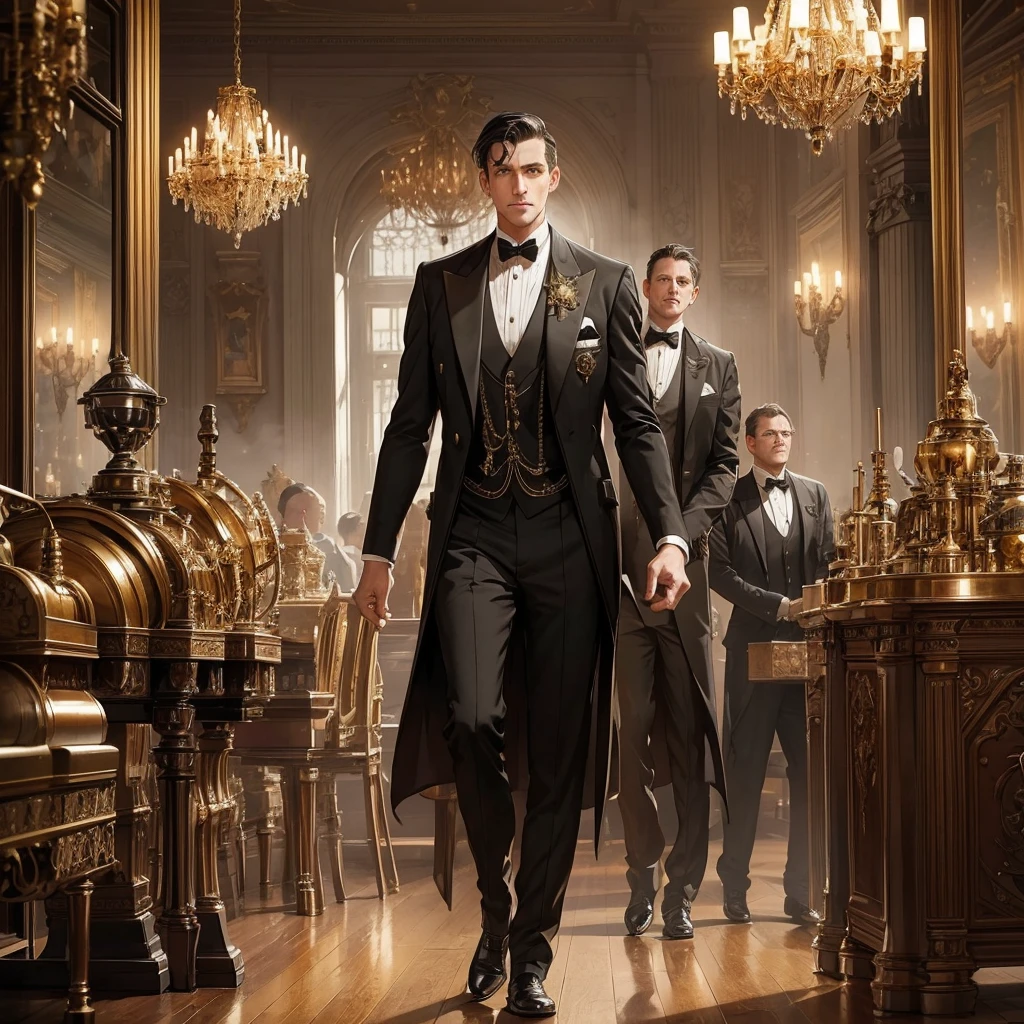 (A steam-powered butler in a dapper English gentleman's attire, with many pistons and cogs, steam vents, and complex optical lenses, obviously mechanical) tending guests at a formal dance in a grand ballroom, steampunk, highly detailed, 8k, photorealistic, dramatic lighting, warm color palette, intricate mechanical design, ornate decorations, elegant guests, ball gown dresses, tuxedos, chandelier, parquet flooring, classical music, steam-powered machinery, brass accents, gears, clockwork, industrial elements