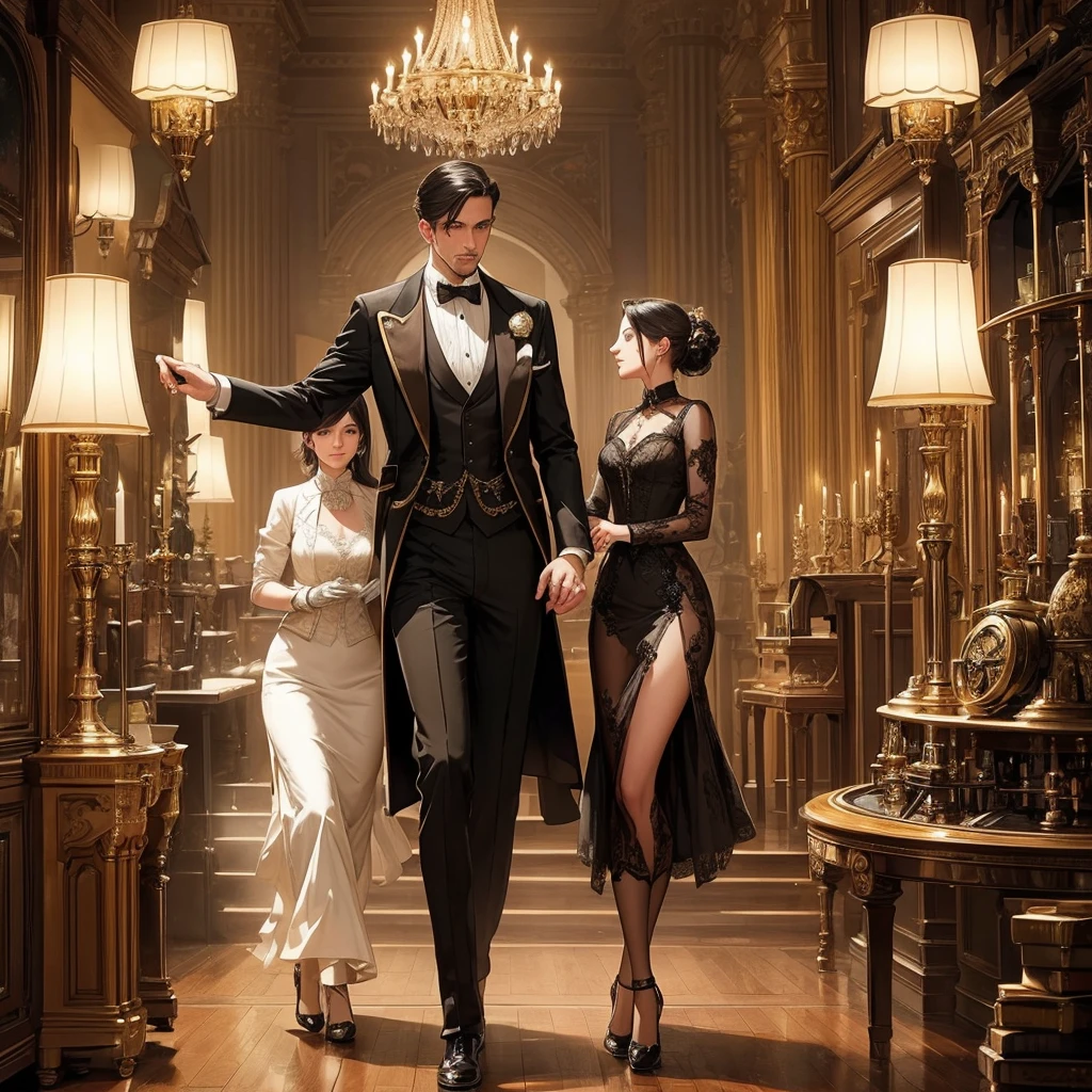 (A steam-powered butler in a dapper English gentleman's attire, with many pistons and cogs, steam vents, and complex optical lenses, obviously mechanical) tending guests at a formal dance in a grand ballroom, steampunk, highly detailed, 8k, photorealistic, dramatic lighting, warm color palette, intricate mechanical design, ornate decorations, elegant guests, ball gown dresses, tuxedos, chandelier, parquet flooring, classical music, steam-powered machinery, brass accents, gears, clockwork, industrial elements
