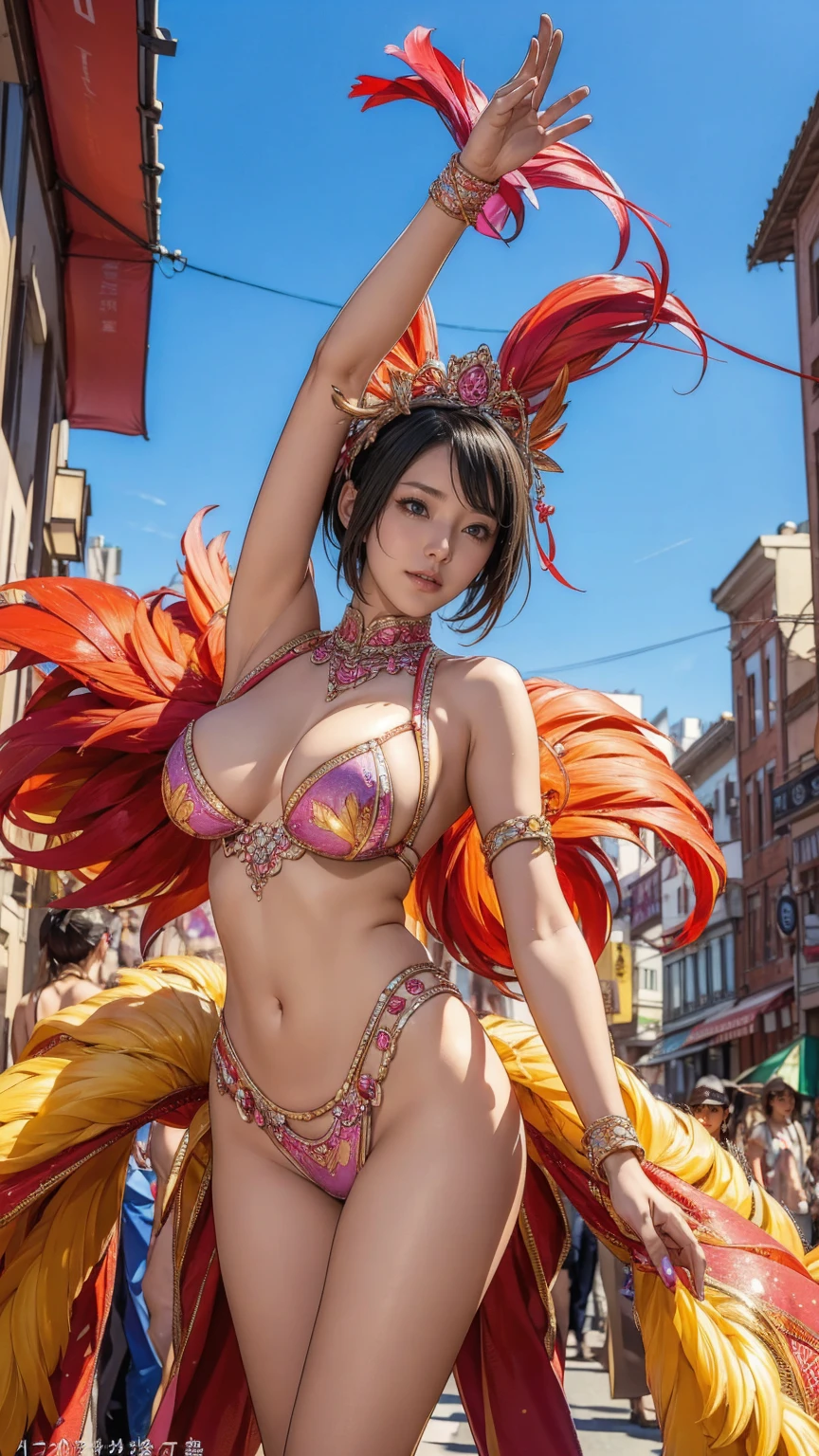 Highest quality, Official Art, masterpiece, Fabric Shading, High resolution, Very detailed, colorful, Best details, High leg samba micro costume:1.5, microwave good:1.9 Yuki Mori:1.5, 1 female, Age 25, Black Hair, short hair, Bobcut,One Length, {{{{{Puffy nipples:1.7}}}}}, {{{{{Dancing vigorously in the parade:1.9}}}}}, A bustling boulevard, sunny, Large Breasts, skinny, {{Surrounded by a bunch of male photographers:1.9}}, She is being photographed by many male photographers.:1.7, A blizzard is falling, Blessed, welcome:1.5, Camel Toe:1.9, Ground level shot,