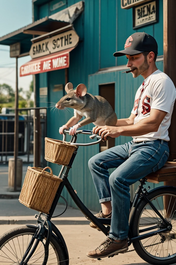 A mouse on a bicycle with a cigarette in its mouth,beer can in hand,baseball cap on