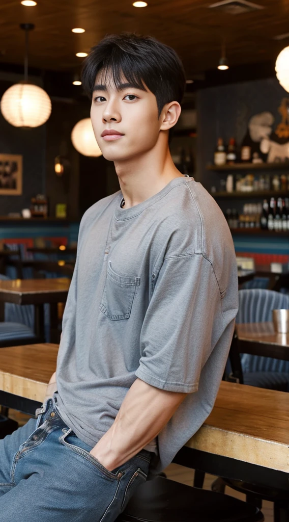 ((realistic daylight)) , Young Korean man in a gray t-shirt Denim shirt, jeans, A handsome, muscular young Asian man looks at the camera. , in the restaurant ,turn sideways