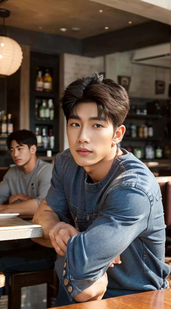 ((realistic daylight)) , Young Korean man in a gray t-shirt Denim shirt, jeans, A handsome, muscular young Asian man looks at the camera. , in the restaurant ,turn sideways