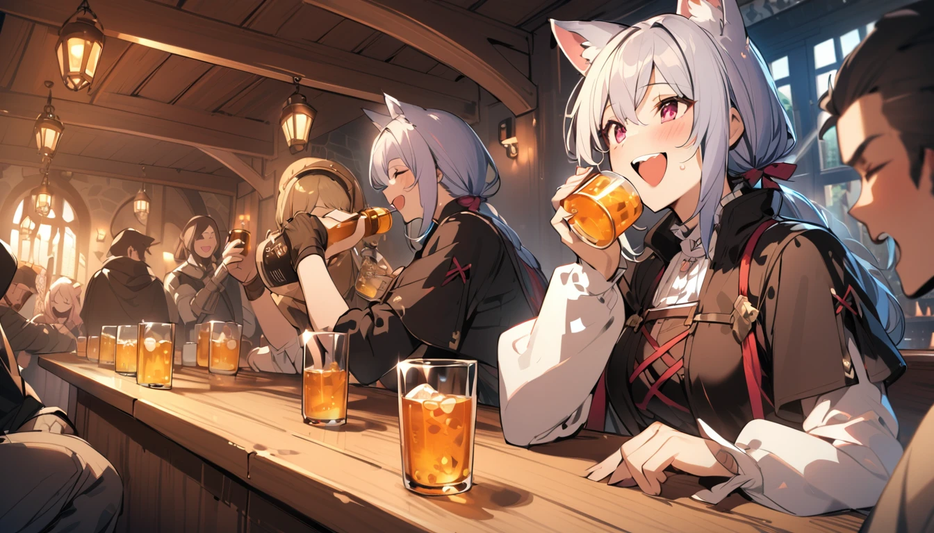 A person with animal ears and a tail々A group of people drinking and laughing in a medieval bar