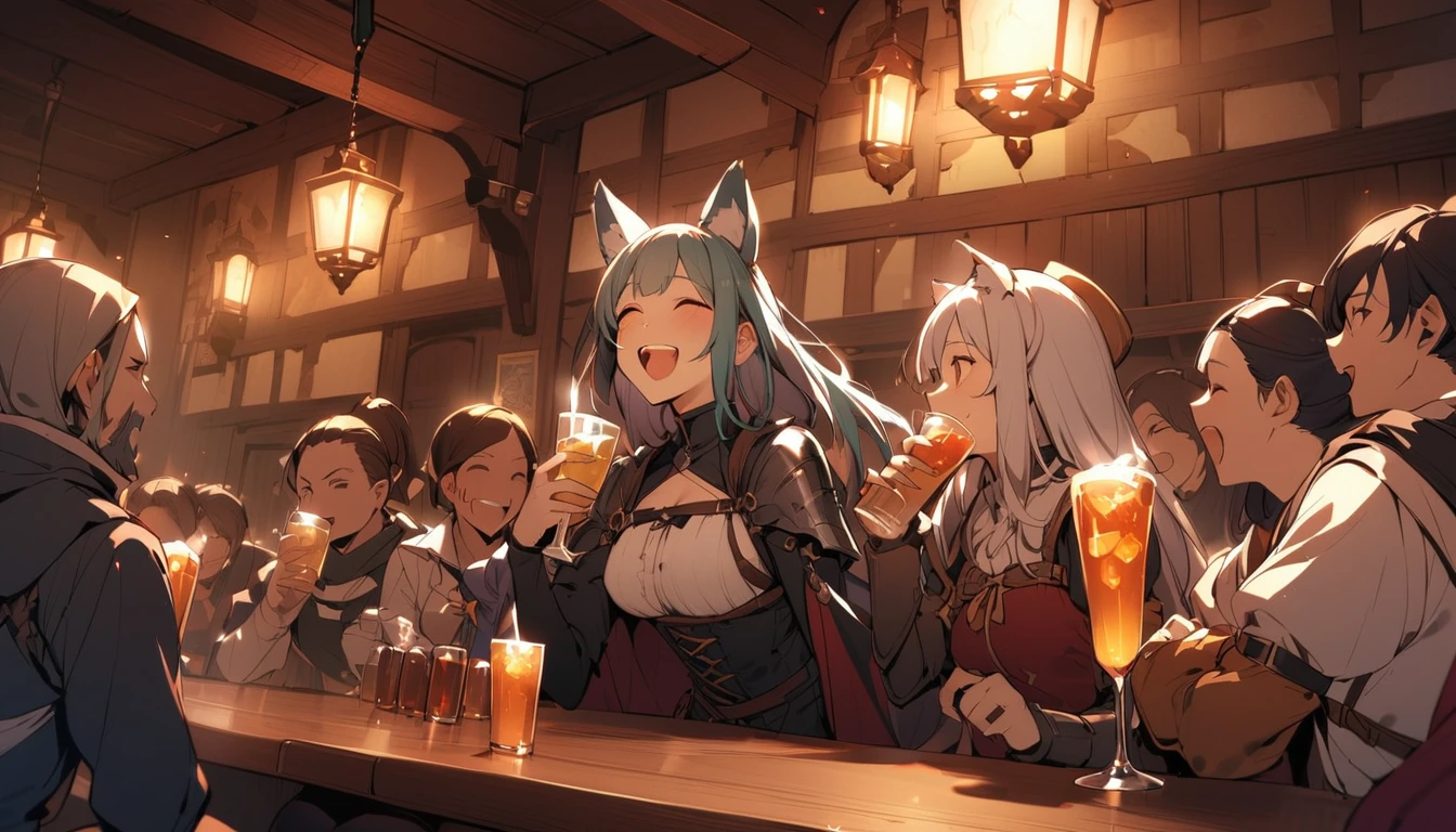 A person with animal ears and a tail々A group of people drinking and laughing in a medieval bar