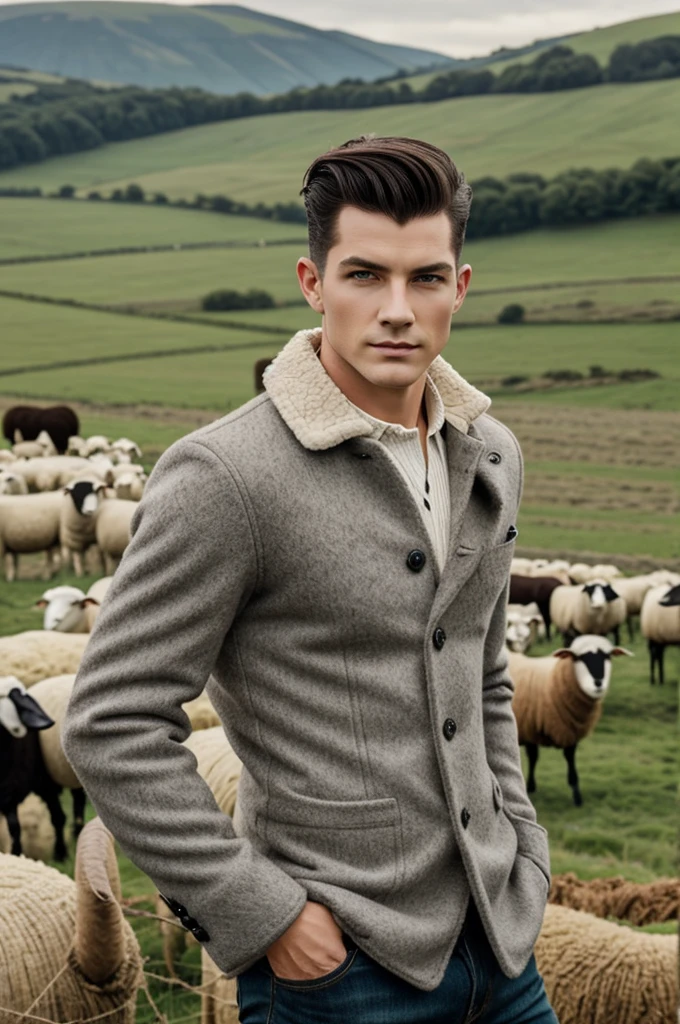 masculine, anthropomorph, sheep, grey wool, Twink body, green eyes, sheepish look, clothed, farmer, Pompadour, Field setting