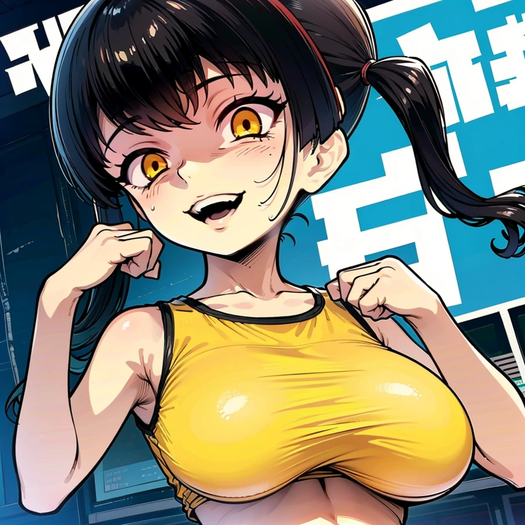 Sasaki Kanna plays gesugao, Yellow Tank Top, underboob, Sweat, Black hair twin tails, Guess face, smile, crazy Smile, 勝ち誇ったsmile, Pushing her big breasts together, Her body is like that of a slender , but her breasts are large., Push your breasts together