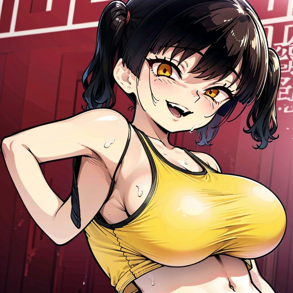 Sasaki Kanna plays gesugao, Yellow Tank Top, underboob, Sweat, Black hair twin tails, Guess face, smile, crazy Smile, 勝ち誇ったsmile, Pushing her big breasts together, Her body is like that of a slender , but her breasts are large., Push your breasts together