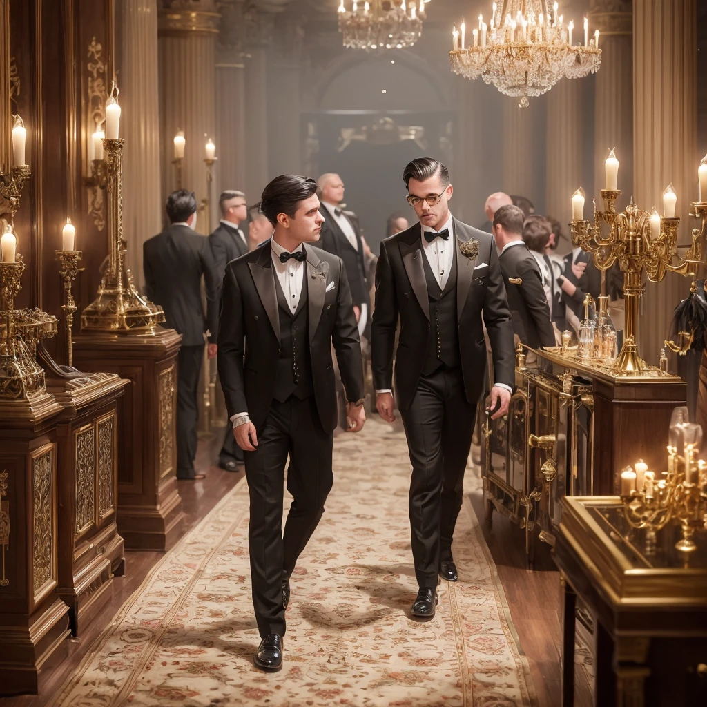 (A steam-powered butler in a dapper English gentleman's attire, with many pistons and cogs, steam vents, and complex optical lenses, obviously mechanical) tending guests at a formal dance in a grand ballroom, steampunk, highly detailed, 8k, photorealistic, dramatic lighting, warm color palette, intricate mechanical design, ornate decorations, elegant guests, ball gown dresses, tuxedos, chandelier, parquet flooring, classical music, steam-powered machinery, brass accents, gears, clockwork, industrial elements