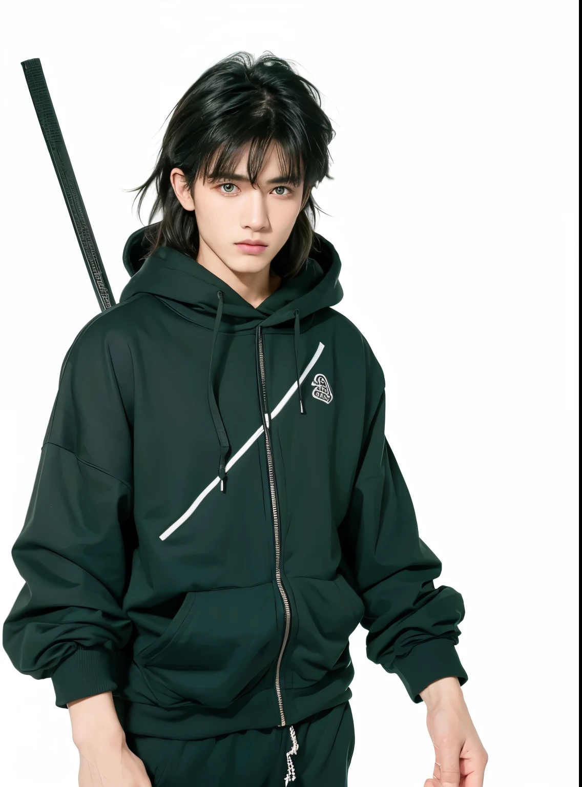 Handsome boy, Mullet hair style, black hair, ( green eyes 2.1 ) Wearing a black hoodie, 16 year old 