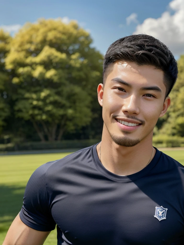 Tony Labrusca, (As a matter of fact, Masterpiece, 8k HD, good light quality, sportswear, fit the face, complicated details), A handsome, muscular young Korean man. , 20 years old, be happy, smile brightly, detailed face, delicate eyes, มองดูsky, Wear a navy tight T-shirt., period, black eyes, Black hair color, ผมsmooth, smooth, outdoor sports, Along the garden, Sunny,sky,Surreal,Superb details,Highest quality,real,