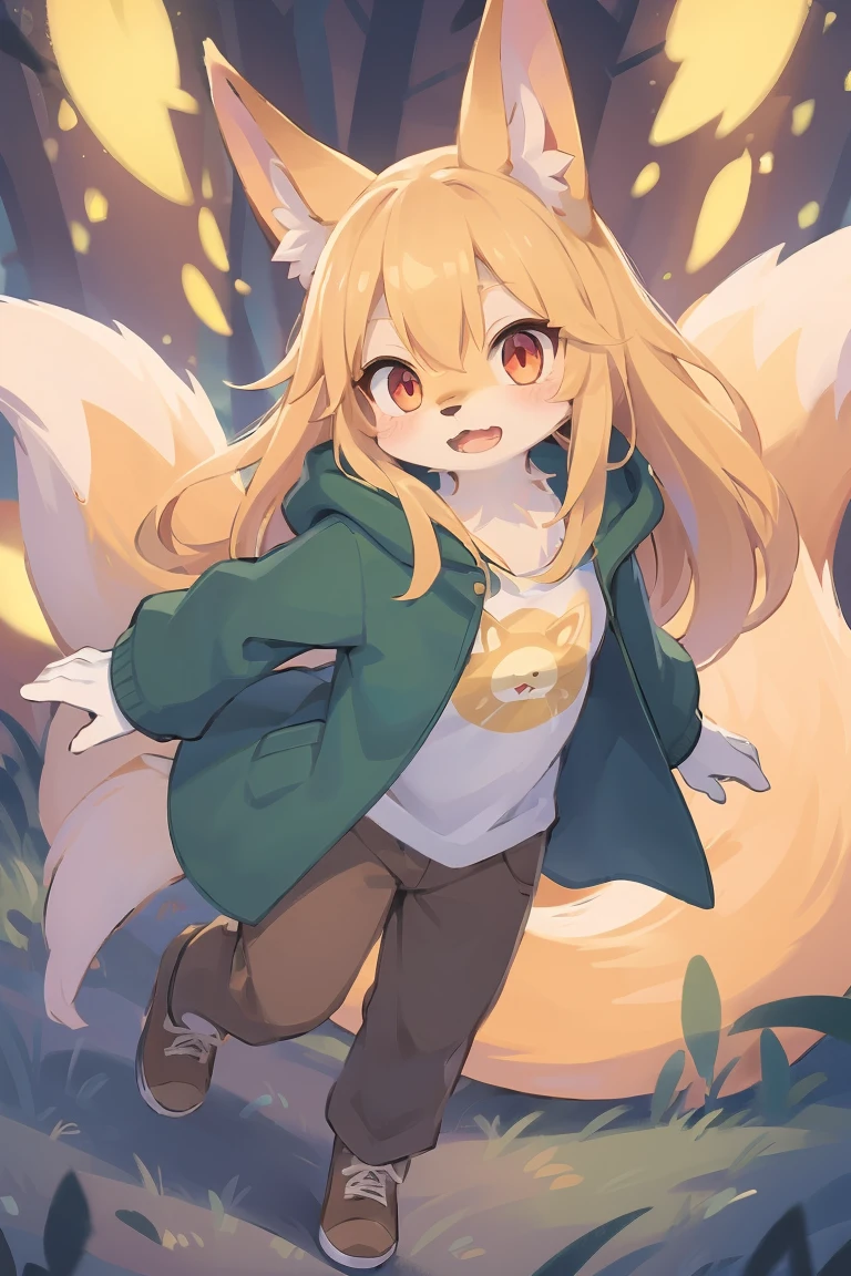 flat color, shota the fox, , was hairy, shaggy, skin fur, smooth lashes, golden fur, forelimb hands, straight long blonde hair, solid circle eyes, golden ears, golden fur, golden facial fur, shiny hair, red eyes, super cute face, 1fox tail, fluffy tail, furry tail, glowing eyes, green coat green hood down, brown trousers, open mouth, full body, ambient light, ultra-fine fur, dashed eyes, masterpiece, high quality, high-details, best quality, (solo)