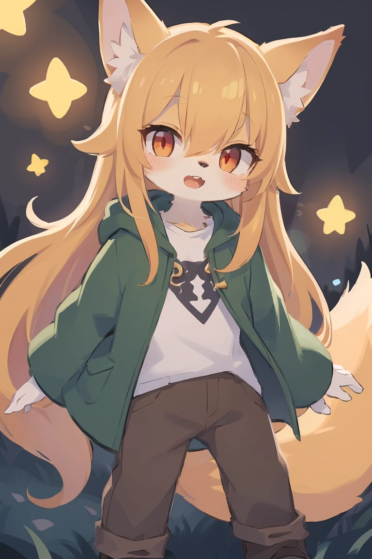 flat color, shota the fox, , was hairy, shaggy, skin fur, smooth lashes, golden fur, forelimb hands, straight long blonde hair, solid circle eyes, golden ears, golden fur, golden facial fur, shiny hair, red eyes, super cute face, 1fox tail, fluffy tail, furry tail, glowing eyes, green coat green hood down, brown trousers, open mouth, full body, ambient light, ultra-fine fur, dashed eyes, masterpiece, high quality, high-details, best quality, (solo)