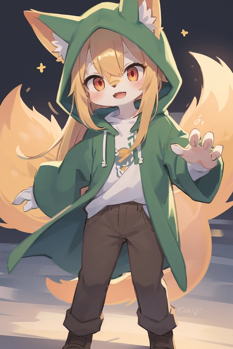 flat color, shota the fox, , was hairy, shaggy, skin fur, smooth lashes, golden fur, forelimb hands, straight long blonde hair, solid circle eyes, golden ears, golden fur, golden facial fur, shiny hair, red eyes, super cute face, 1fox tail, fluffy tail, furry tail, glowing eyes, green coat green hood down, brown trousers, open mouth, full body, ambient light, ultra-fine fur, dashed eyes, masterpiece, high quality, high-details, best quality, (solo)