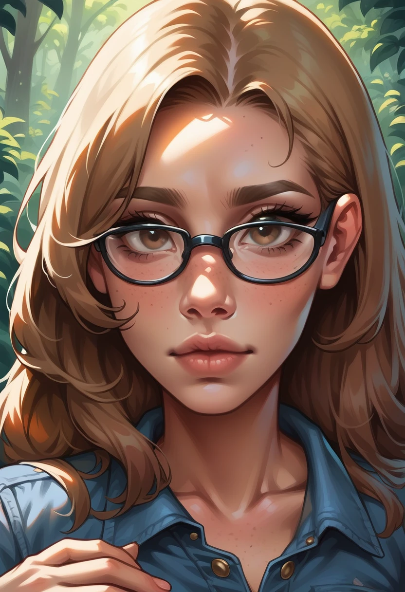 1girl, european girl, 18 years old, long light-brown hair, straight hair, curvy hair, a strand hair behind the ear, cute face, average ??????, white bloose, jeans, forest, source_realictic, deatiling panting, brown eyes, detailing body, detailing face, up view, glasses,