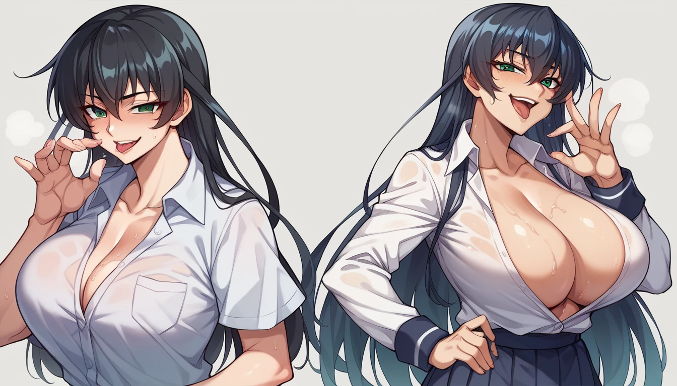 Asagi Igawa、Black Hair、Long Hair、Green Eyes、Super huge breasts、、Super Breasts、、Wet Skin、Dripping Sweat、 Wet clothes、high school student、uniform、Open chest、Licking gesture、smile、No background