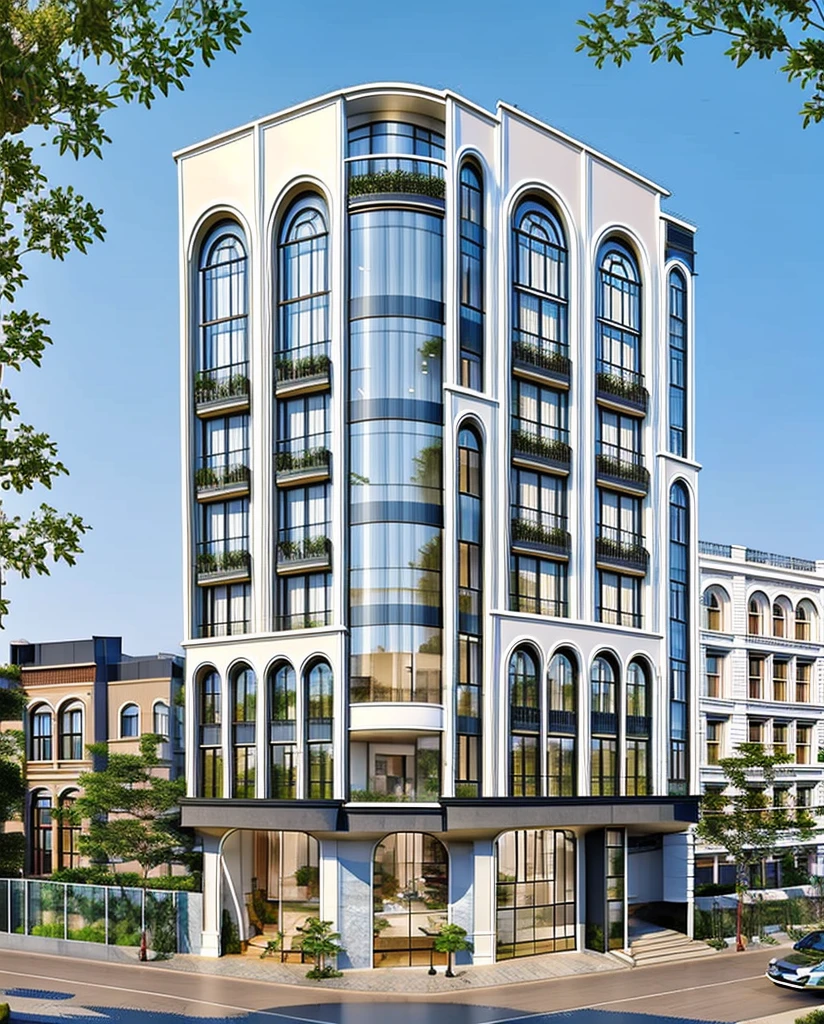 (masterpiece, best quality:1.2) Indochina building, (curved window), plants on company, building, exterior, architecture design, building in street