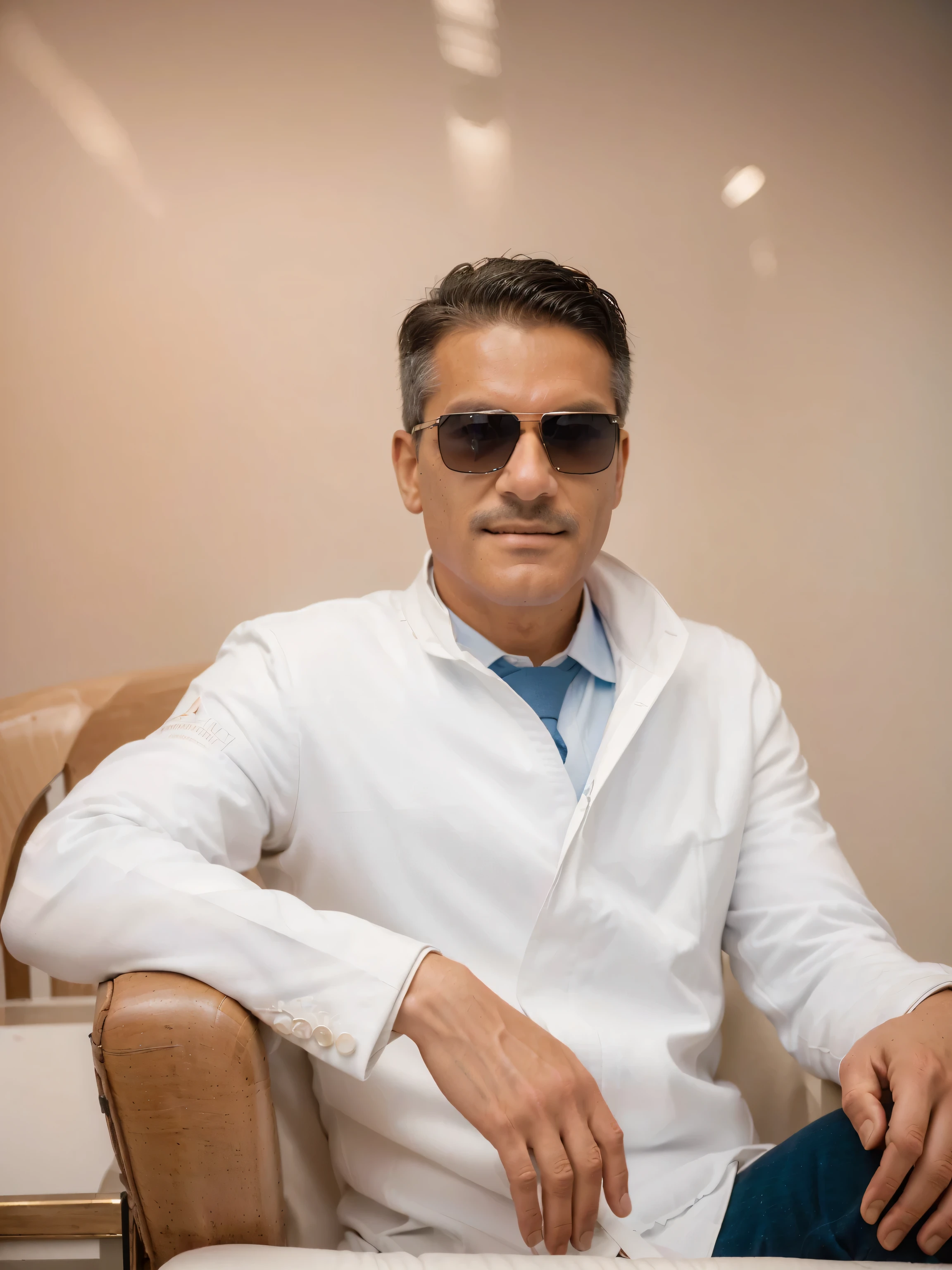 chiseled man in white coat and sunglasses, seated in a chair, ricardo milos, rise of henry, danilo torres, by Hugo Sánchez Bonilla, Herald Ortega, david rios ferreira, to be returned, dentist, by Gabriel Ba, luiz escanuela, Ignacio Fernández Rios, Ignacio Fernández Rios, (Foto RAW, real, best qualityer, Masterpiece artwork: 1.2), (Hiper realisitic, realisitic: 1.2), high qualiy, (dark ilumination: 1.2), perfect lighting, Lightroom, 35mm films, cinemactic, dimmed colors, dark shot, Muted colours, grainy film, lute, insane details, Intricate details, smirk on face, brighter environment