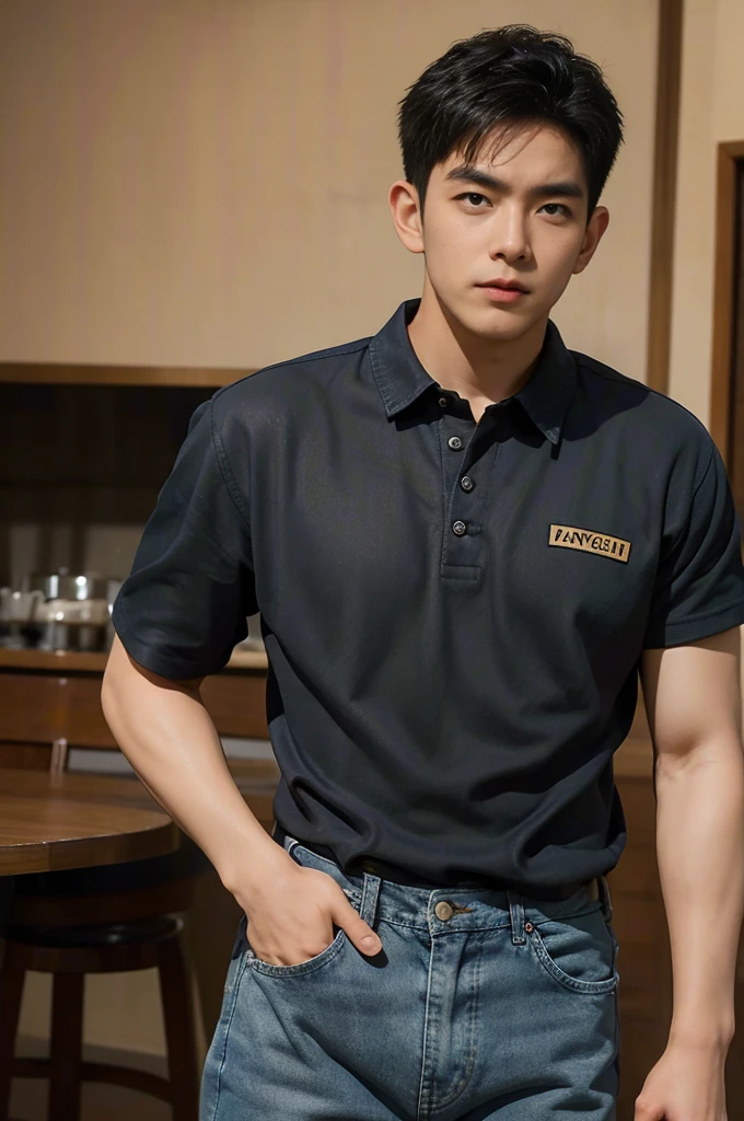 ((realistic daylight)) , Young Korean man in black sports shirt only, no pattern, denim shirt, jeans., A handsome, muscular young Asian man looks at the camera.  , in the restaurant ,turn sideways((realistic daylight)) , Young Korean man in black sports shirt only, no pattern, denim shirt, jeans., A handsome, muscular young Asian man looks at the camera.  , in the restaurant ,turn sideways