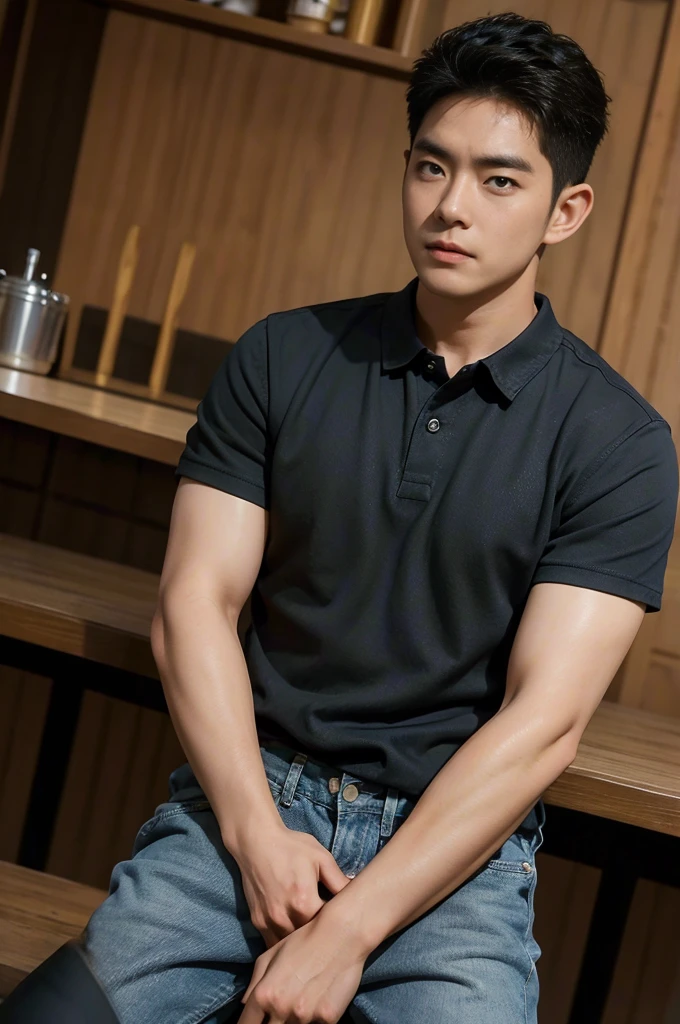 ((realistic daylight)) , Young Korean man in black sports shirt only, no pattern, denim shirt, jeans., A handsome, muscular young Asian man looks at the camera.  , in the restaurant ,turn sideways((realistic daylight)) , Young Korean man in black sports shirt only, no pattern, denim shirt, jeans., A handsome, muscular young Asian man looks at the camera.  , in the restaurant ,turn sideways