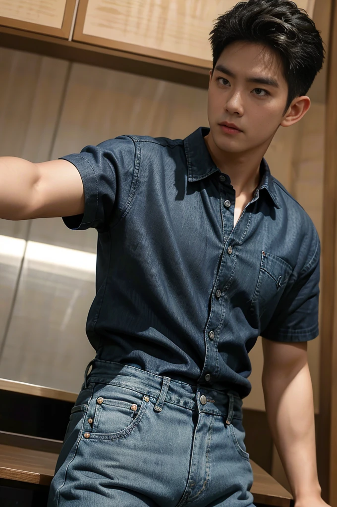 ((realistic daylight)) , Young Korean man in black sports shirt only, no pattern, denim shirt, jeans., A handsome, muscular young Asian man looks at the camera. , in the restaurant ,turn sideways((realistic daylight)) , Young Korean man in black sports shirt only, no pattern, denim shirt, jeans., A handsome, muscular young Asian man looks at the camera. , in the restaurant ,turn sideways
