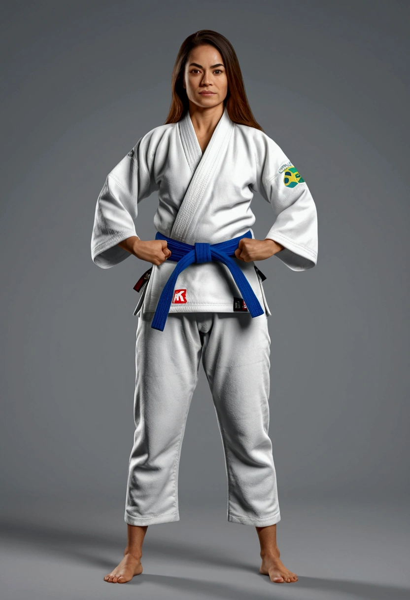 adult woman, black hair, with a kimono of brazilian jiu-jitsu and white belt, with parallel arms, woman in a standing position in full body, soft and friendly face 's studies, 8k, hyper realistic, detailed.