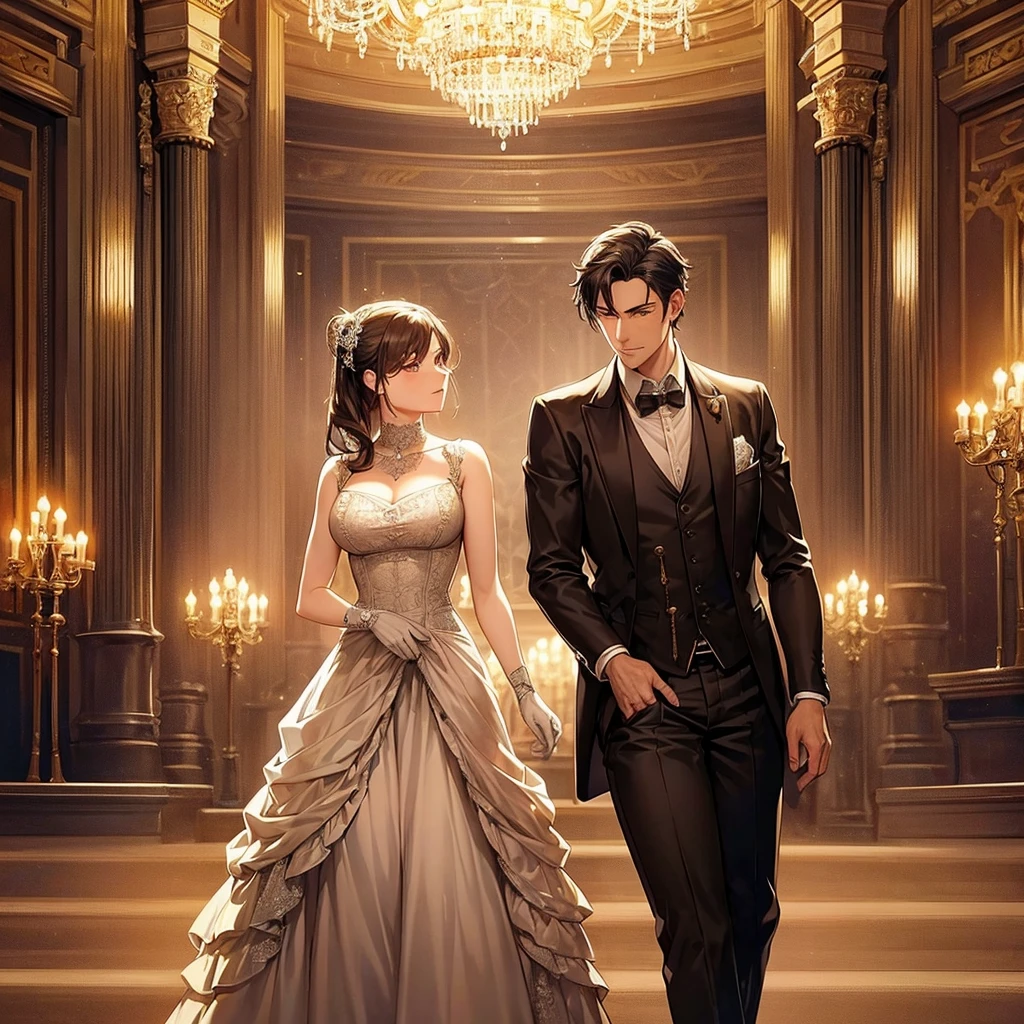(A steam-powered butler in a dapper English gentleman's attire, with many pistons and cogs, steam vents, and complex optical lenses, obviously mechanical) tending guests at a formal dance in a grand ballroom, steampunk, highly detailed, 8k, photorealistic, dramatic lighting, warm color palette, intricate mechanical design, ornate decorations, elegant guests, ball gown dresses, tuxedos, chandelier, parquet flooring, classical music, steam-powered machinery, brass accents, gears, clockwork, industrial elements