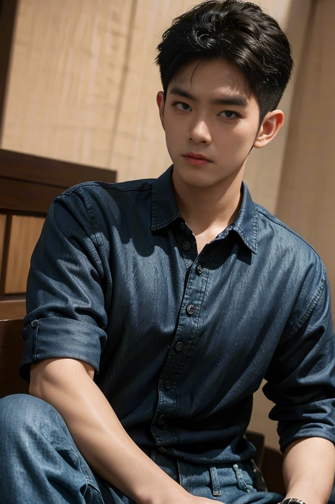 ((realistic daylight)) , Young Korean man in black sports shirt only, no pattern, denim shirt, jeans., A handsome, muscular young Asian man looks at the camera.  , in the restaurant ,turn sideways((realistic daylight)) , Young Korean man in black sports shirt only, no pattern, denim shirt, jeans., A handsome, muscular young Asian man looks at the camera.  , in the restaurant ,turn sideways