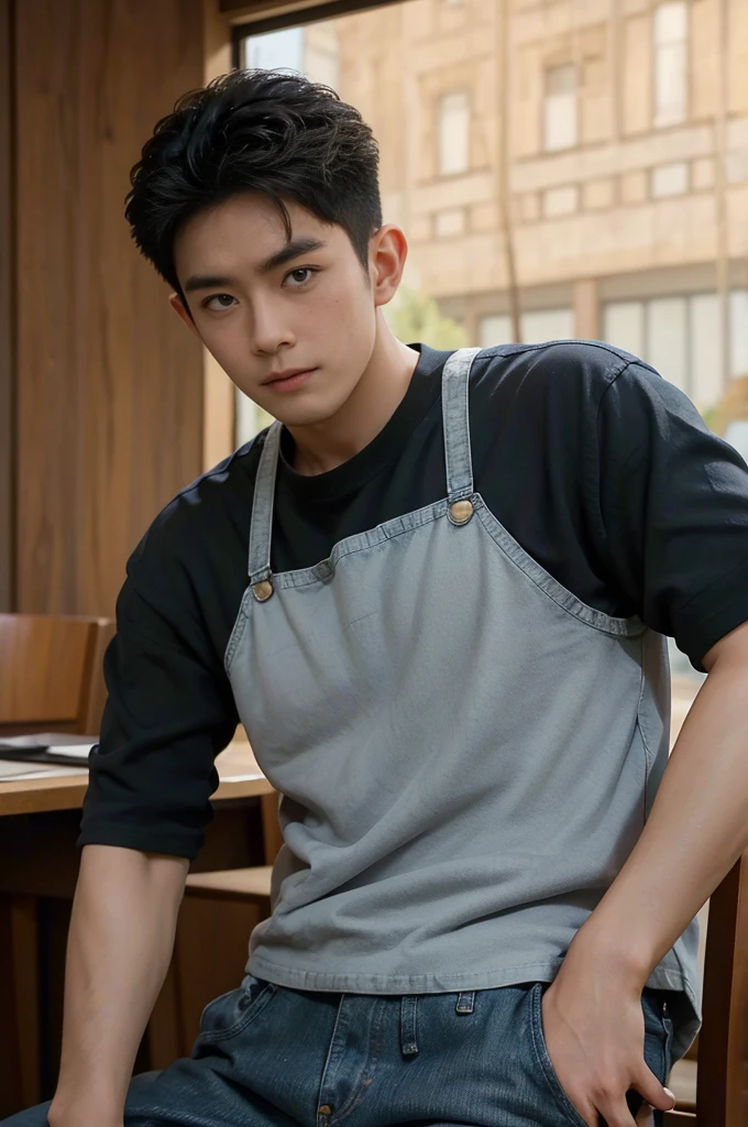 ((realistic daylight)) , Young Korean man in black sports shirt only, no pattern, denim shirt, jeans., A handsome, muscular young Asian man looks at the camera. , in the restaurant ,turn sideways((realistic daylight)) , Young Korean man in black sports shirt only, no pattern, denim shirt, jeans., A handsome, muscular young Asian man looks at the camera. , in the restaurant ,turn sideways