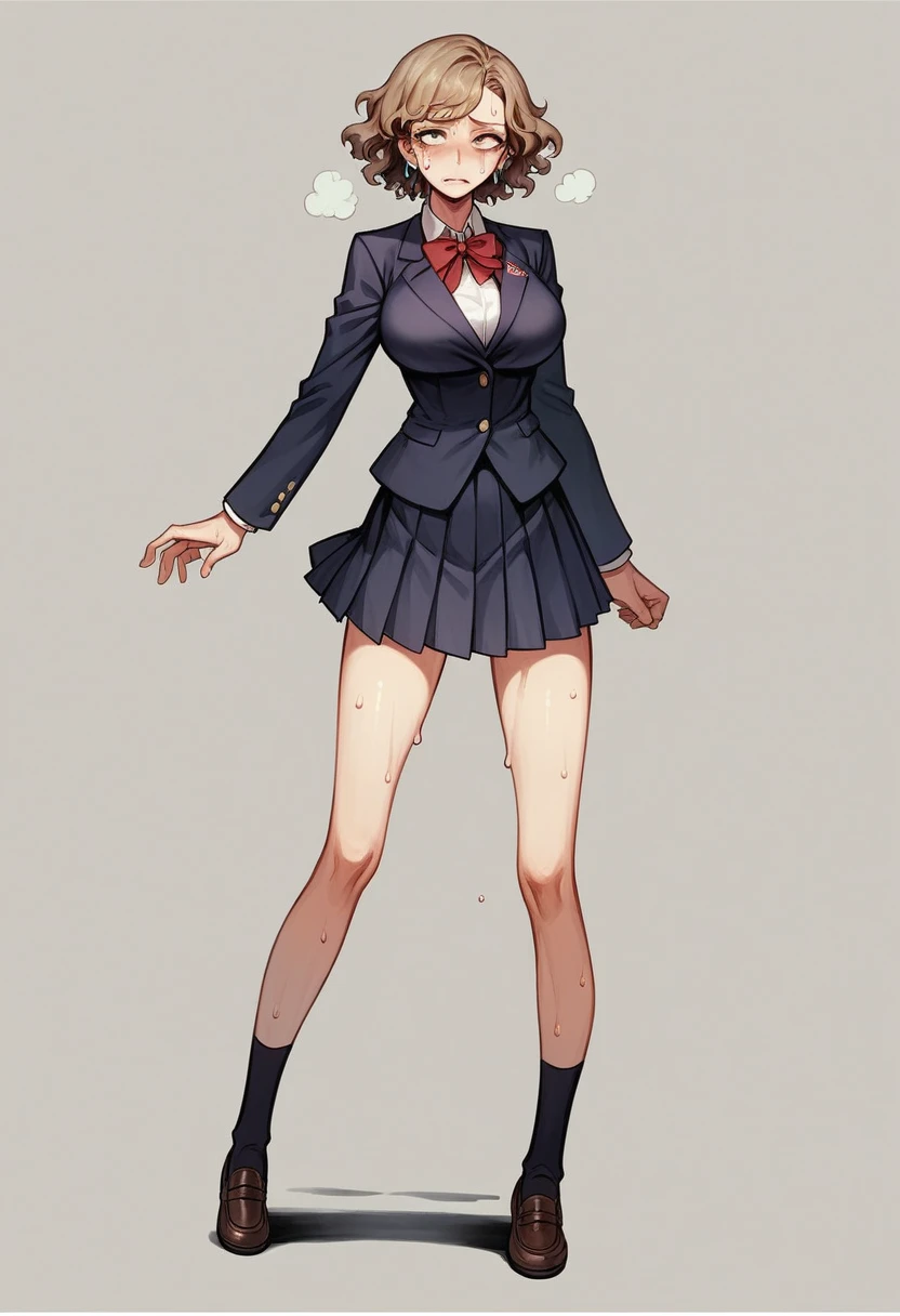 absurdres, RAW photo, extremely delicate and beautiful, masterpiece, Best Quality, ultra high resolution, 16k, hyperrealistic, ultra-detailed, perfect anatomy, super Detailed skin, perfect figure, Very detailed CG 8k wallpaper, in her 20s, very Slim body, narrow waist, very small head, very small face, delicate facial features, tearful mole, earring, thin legs, (very huge round breasts), ((full body shot)), short hair, (wavy hair), light brown hair, 1 girls, ((sweat)), ((school uniform)), (blazer),