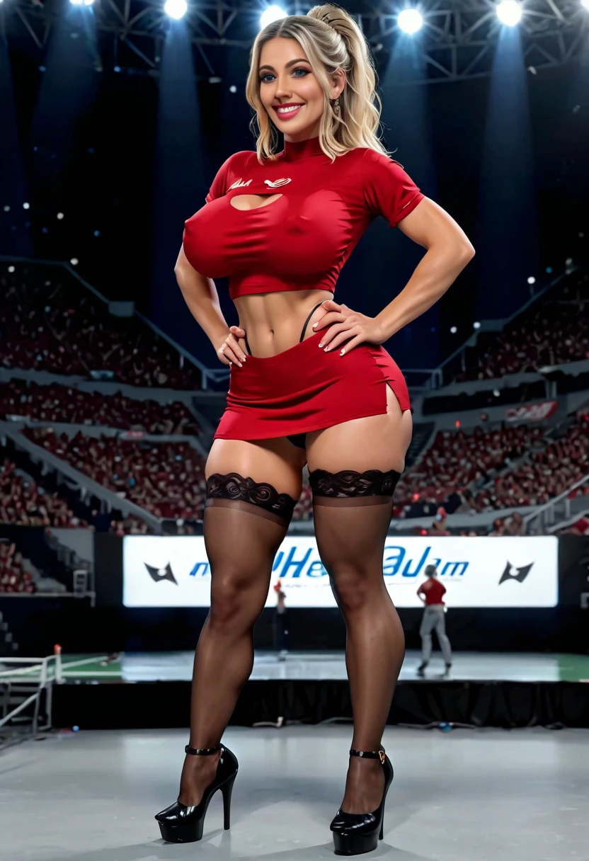 BREAK score_9, score_8_up, score_7_up, score_6_up, realistic, mature female, blonde ponytail, nose, puffy lips, detailed beautiful eyes, (red crop top), (covered nipples)1.2, hands on own hips, , micro-skirt, highleg thong, (black stockings), (20cm high heeled stilettos)1.2, skindentation, huge natural breasts, (fit body), (wide hips), looking at viewer, (very happy), tanlines, (inside crowded stadium, concert background), (detailed face)