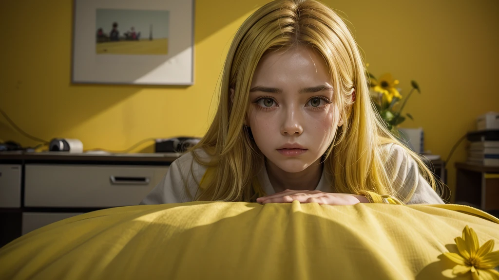 Sad woman receiving yellow light in her hair, stretcher in light green office with yellow flowers on the wall