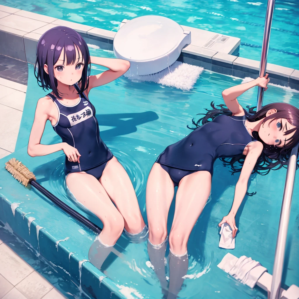 Multiple girls、School Swimsuit、One piece swimsuit、Clean the pool、Pool without water、Empty Pool、With a mop、Sweat、Wet Hair、Watching the audience、School Swimsuitを着たMultiple girls、